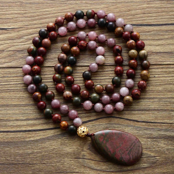 Handmade Jasper Teardrop Mala 108 Necklace Pendant | Natural Stone Hand Knotted Beads Necklace | Meditation Spiritual Protection Necklace