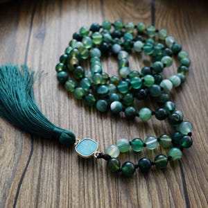 Natural Green Stripe Agate Mala beads 108 Necklace | Natural Stone Mala Prayer Beads Necklace | Meditation Hand Knotted Pendant Necklace