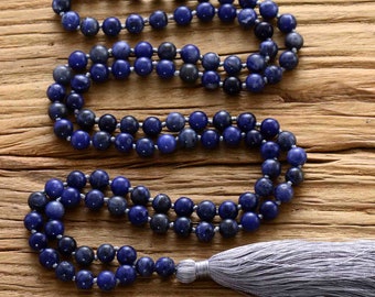 Blue Sodalite Mala beads 108 Necklace | Natural Stone Hand Knotted Mala Prayer Beads Necklace | Meditation Spiritual Protection Necklace