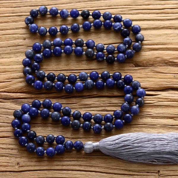 Azul Sodalita Mala cuentas 108 Collar / Piedra Natural Anudada a mano Mala Oración Cuentas Collar / Meditación Collar de Protección Espiritual