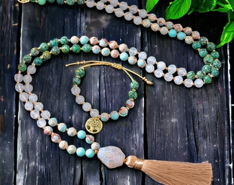 White Jade African Turquoise Emperor Jasper Mala beads 108 Tassel Necklace Bracelet Set | Natural Stone Necklace | Hand Knotted Necklace