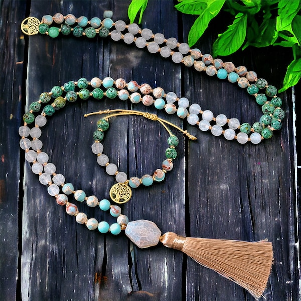 Jade blanc Turquoise africaine Jaspe empereur Mala 108 Ensemble de bracelets et collier à pampilles | Collier en pierre naturelle | Collier noué à la main