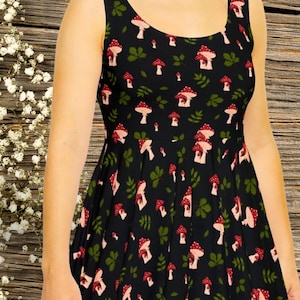 Mushroom Dress, Women's Cottage Core Skater Style Fall Dress with Mushroom Print, Forest Core Boho Dress, Above the knee Circle Dress