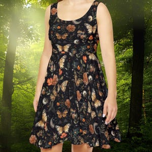 Celestial Moth Skater Dress: Moon & Floral Print, Dark Academia