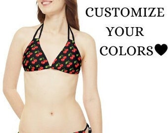 Strappy Cherry Bikini Set, Two Piece Women's Swimsuit with Watercolor Cherry Pattern, All Over Print