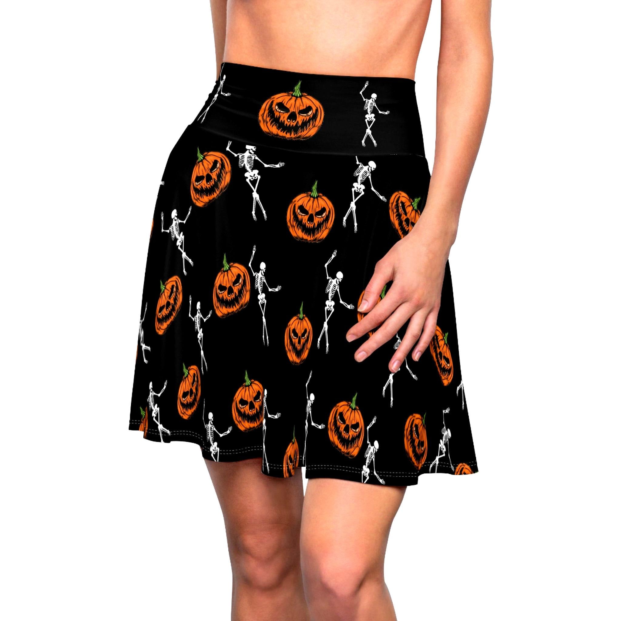 Halloween Skater Skirt, Pumpkin Skeleton Print, Women's