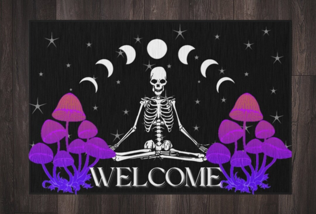Skeleton Welcome Rug Mystic Outdoor Rug, Skeleton and Mushroom With Moon Phase Design ...