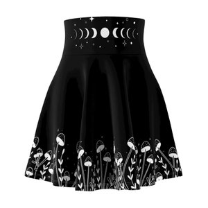 Women's Mushroom and Moon Phase Pattern Flowy Skirt with Elastic Band, Witchy Circle Skirt, Cottagecore, Witchcore