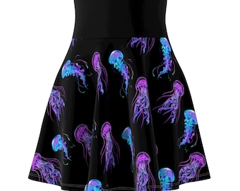 Jellyfish Skater Skirt, Black Women's Circle Skirt with Blue and Purple Sea Creatures, Stretchy Solid Black Elastic Band