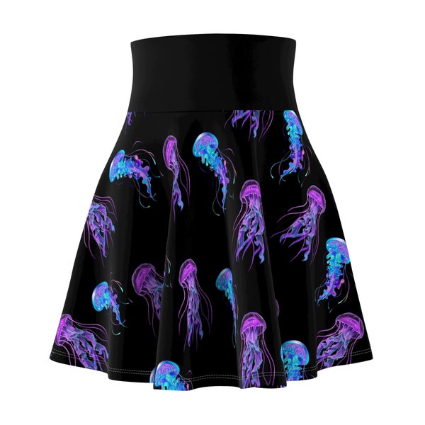 Jellyfish Skater Skirt, Black Women's Circle Skirt with Blue and Purple Sea Creatures, Stretchy Solid Black Elastic Band