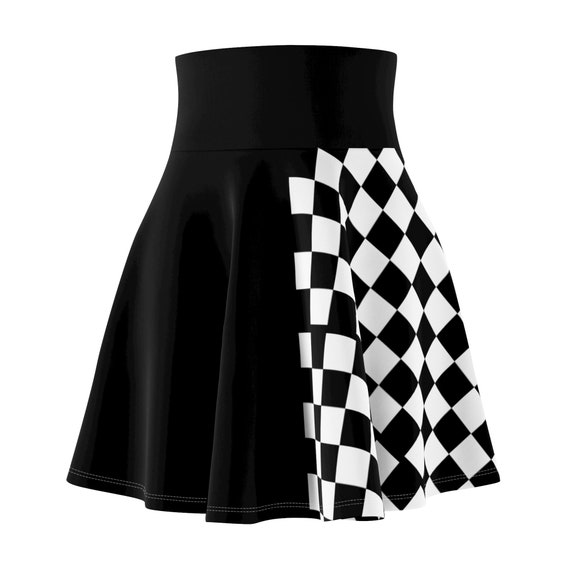 Checkered Skater Skirt Alt Fashion Goth Circle Skirt Half Black and White Half Solid Black Women s High Waisted Skirt With Elastic Band Etsy UK