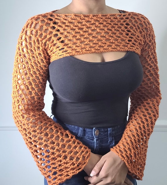 Y2K Crochet Knitted Bolero Shrug Crop Top, Handmade Mesh