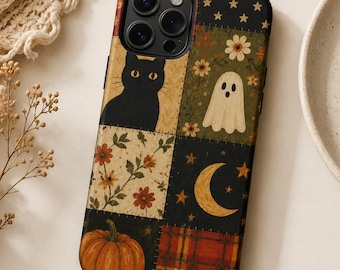 Funda resistente de Halloween con diseño de retazos para iPhone 11-17 Pro Max, Samsung, Google Pixel, funda de Halloween, funda de gato fantasma, regalos de otoño