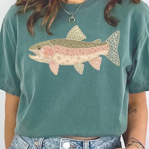 Comfort Colors Patchwork Rainbow Trout Shirt, Quilt Cottagecore Fish Tee, Aesthetic camping tshirt, Outdoorsy gift, Fishing shirt,Lake shirt