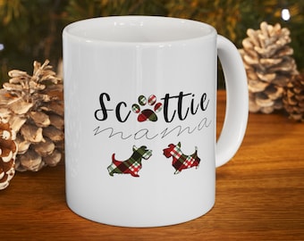 Scottie Mama 11oz Ceramic Mug | Cute Plaid/Tartan Coffee Mug for Scottish Terrier Owners, Scottie Dog Moms, Mamas, Gift for Dog Lovers