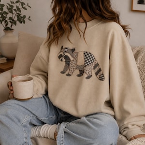 Comfort Colors Faux Patchwork Raccoon Sweatshirt, Quilted Tee, Gift for Animal Lover, Aesthetic Cottagecore Sweater, Raccoon gift