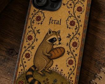 Funda para teléfono con diseño medieval de mapache salvaje y masa madre para iPhone 17 16 15 14 13 12 11 Pro Max, Samsung, Google Pixel / Divertido y original regalo de mapache