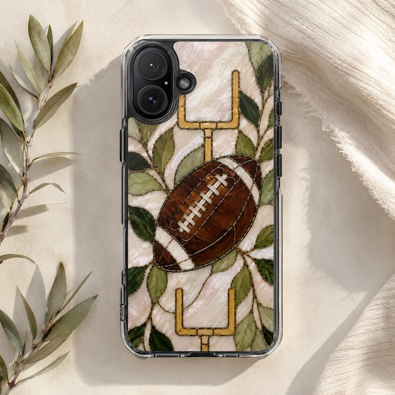 Faux Stained Glass Football Phone Case | Clear Magsafe Magnetic Phone Case for IPhone 14-17 Pro Plus Max, Football Gifts, Sport Phone Case