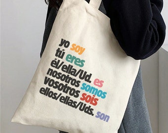 Spanish Verbs Canvas Tote Bag, Spanish Teacher Gift