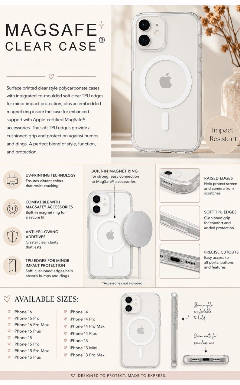 May include: A clear polycarbonate phone case with integrated soft TPU edges and an embedded magnetic ring for MagSafe compatibility. The case features raised edges, precise cutouts for ports and buttons, and is available for various iPhone models.