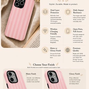 Puede incluir: Una funda de tel&eacute;fono rosa claro con rayas verticales, con un dise&ntilde;o de doble capa que incluye una carcasa r&iacute;gida de policarbonato y un forro de TPU. El gr&aacute;fico contiene texto sobre resistencia a impactos y opciones de acabado mate o brillante.