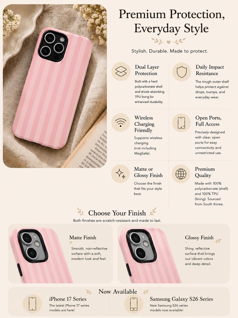 Puede incluir: Una funda de tel&eacute;fono rosa claro con rayas verticales, con un dise&ntilde;o de doble capa que incluye una carcasa r&iacute;gida de policarbonato y un forro de TPU. El gr&aacute;fico contiene texto sobre resistencia a impactos y opciones de acabado mate o brillante.