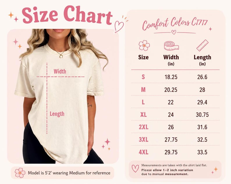 May include: A size chart for a Comfort Colors C1717 t-shirt. The image displays a cream-colored t-shirt with width and length measurement lines, alongside a table listing sizes S through 4XL with corresponding dimensions in inches.