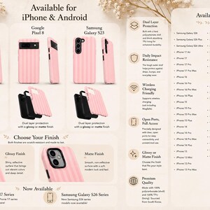 Może przedstawiać: Jasnor&oacute;żowe etui na telefon z pionową prążkowaną fakturą, pokazane w r&oacute;żnych widokach dla iPhone 13, Google Pixel 8 i Samsung Galaxy S23. Obraz zawiera tekst opisujący dwuwarstwową ochronę, opcje wykończenia na wysoki połysk lub matowe oraz pełną listę dostępnych modeli telefon&oacute;w.