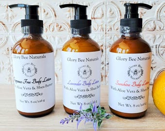 Aloe & Shea Butter Body Lotion, 3 Scents in Refillable 8 oz. Glass Pump Bottle Fragrance Free Lavender, Sunshine (Citrus Scent) Clean Beauty