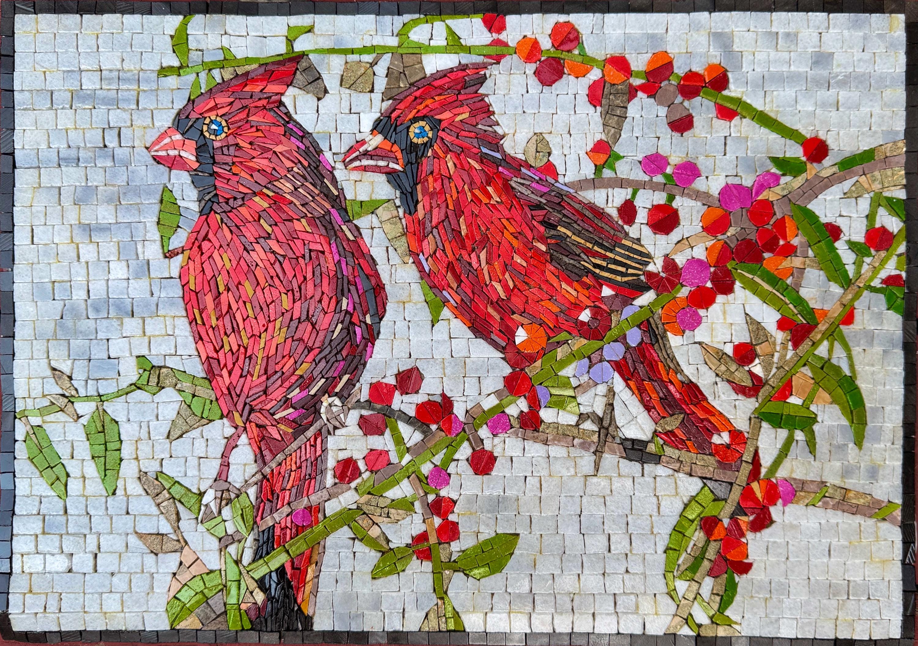 MOSAIC ART - Red Cardinals - Handmade Natural Stone Mural - Mosaic