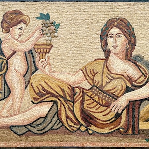 Handmade Stone Mosaic Wall Art - Ancient Roman Goddess & Cherub - Luxury Classical Artwork - Custom Sizes - Indoor/Outdoor Home Decor