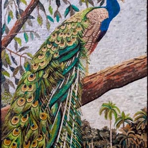 PEACOCK MOSAIC ART - Handmade Natural Stone & Marble Wall Art - Luxury Artwork - Indoor/Outdoor - Colorful Design - Mosaic Tiles - Any Size