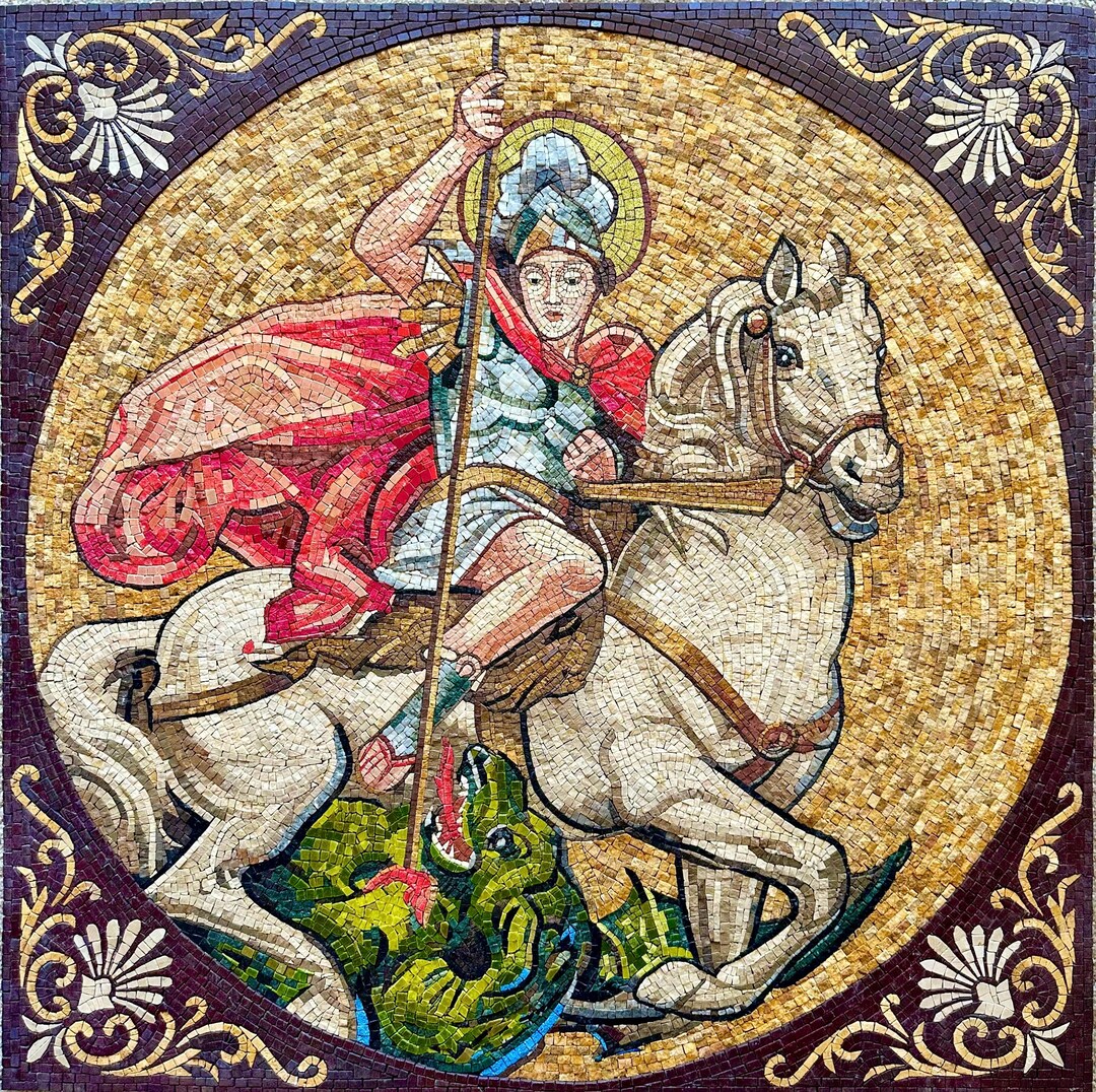 St. George Defeating the Dragon - Religious Mosaic Wall Art - Handmade ...