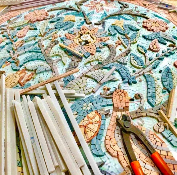 モザイクアート複製 - ブラックフラワーベース - 天然石壁画