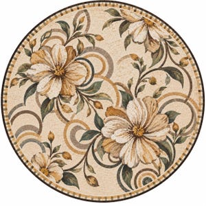 Puede incluir: Un medallón circular de mosaico de piedra con grandes flores de color crema y bronceado, acompañadas de hojas y tallos verde oscuro. El diseño incluye arcos geométricos en tonos beige y gris, todo encerrado en un borde a cuadros marrón oscuro.
