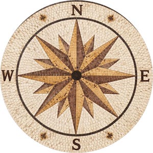 Peut inclure: Une rose des vents circulaire en mosaïque. La rose des vents présente un motif central en forme d'éclat d'étoile dans des tons bruns et beiges, entouré d'un cercle avec les points cardinaux : N, E, S et W. Le fond est une mosaïque de petits carreaux blanc cassé.