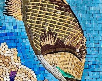水中の海の生き物モザイク - 手作りの壁アート - 石、大理石
