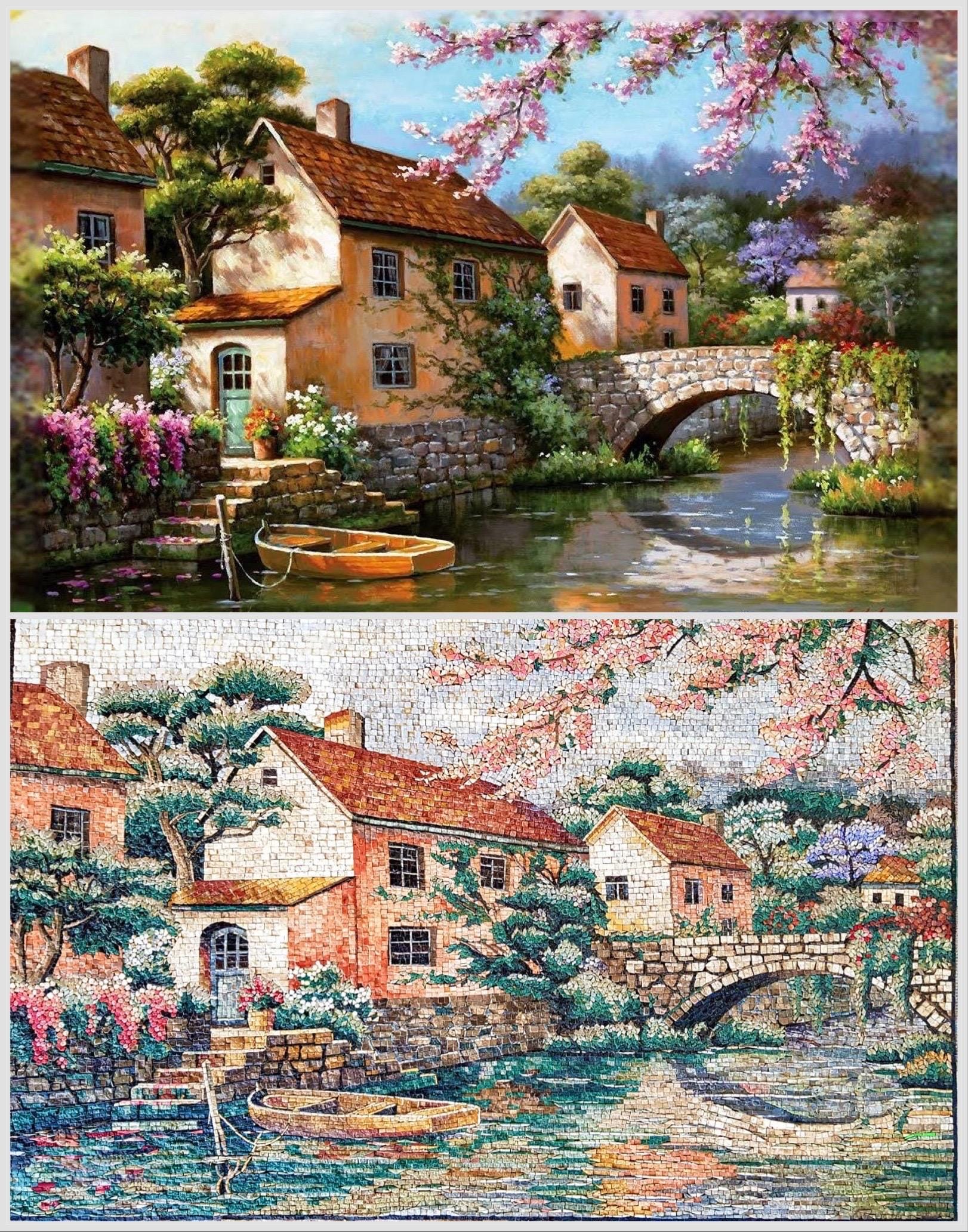 モザイク壁画 - 川沿いの家 - コテージタイルモザイク - 石と大理石の