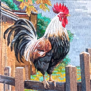May include: A colorful mosaic artwork depicting a rooster standing on a wooden fence. The rooster has a red comb and wattle, a black and white body, and a brown tail. The background is a mosaic of various colors and textures.