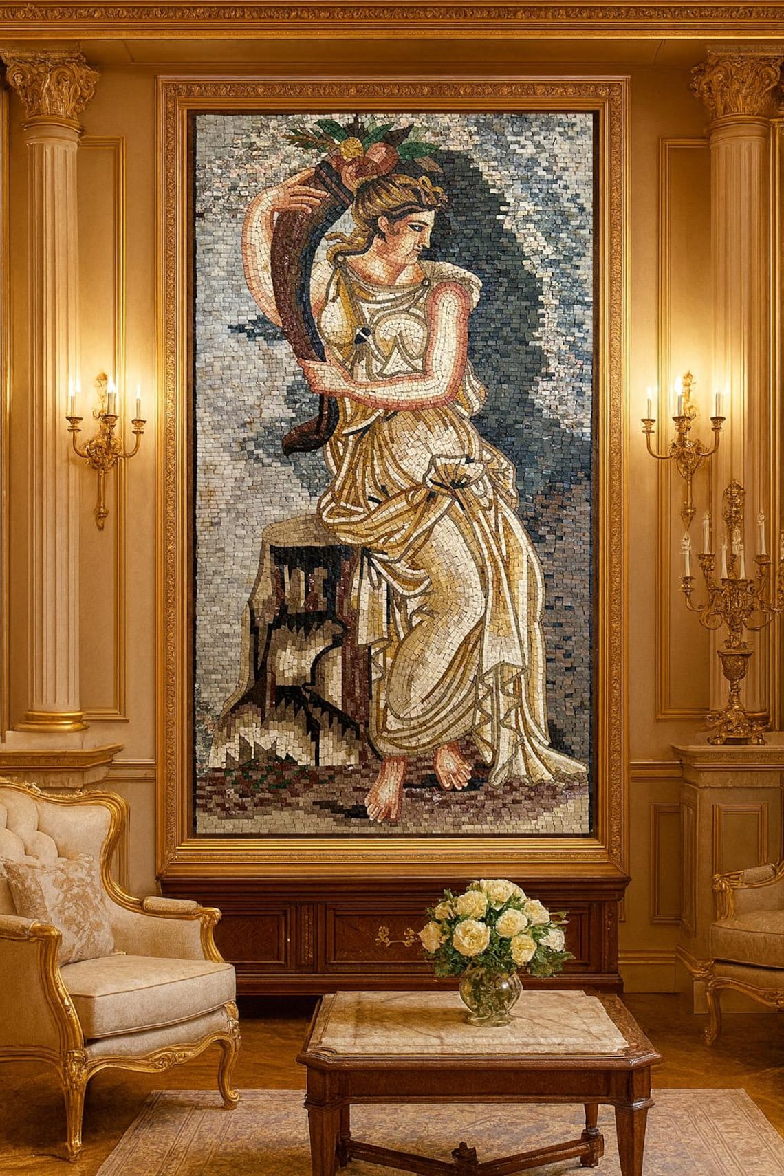 Ceres Goddess Mosaic With Cornucopia - Handmade Roman Style Marble ...