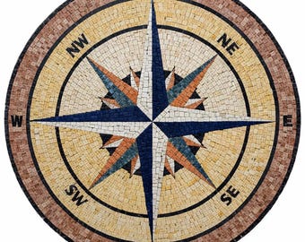 Handmade Compass Rose Mosaic - Nautical Round Floor Medallion - Mosaic Tiles - Home Decoration - Indoor/Outdoor - Custom Sizes