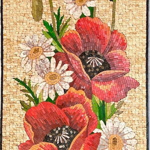 MAGNIFICENT MOSAIC ART - Poppy Flowers- Natural Stone Mural - Custom Size - Elegant Wall Decor - Vibrant Colors - Mosaic Tile Art - Marble