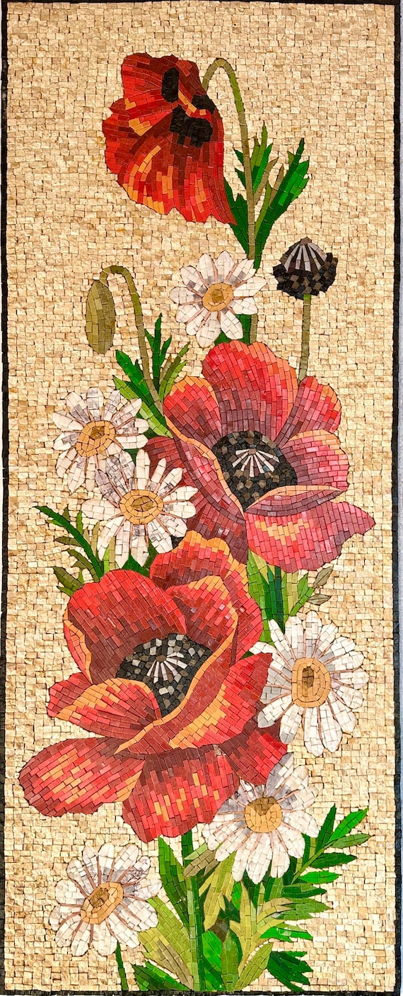 壮大なモザイクアート - ポピーの花 - 天然石壁画 - カスタムサイズ