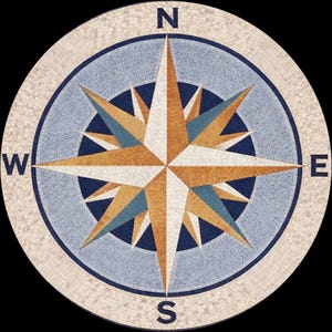 Peut inclure: Une rose des vents circulaire en mosaïque sur fond noir. La rose des vents présente un motif central en étoile dans des tons or, blanc et bleu, avec les points cardinaux N, S, E et W.