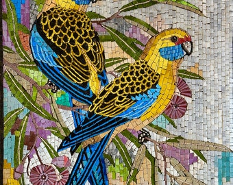 TOP RATED - Yellow Parakeets - Handmade Mosaic Wall Art -  Natural Stone Mural - Mosaic Tile Art - Colorful Home Decor - Can be Customized