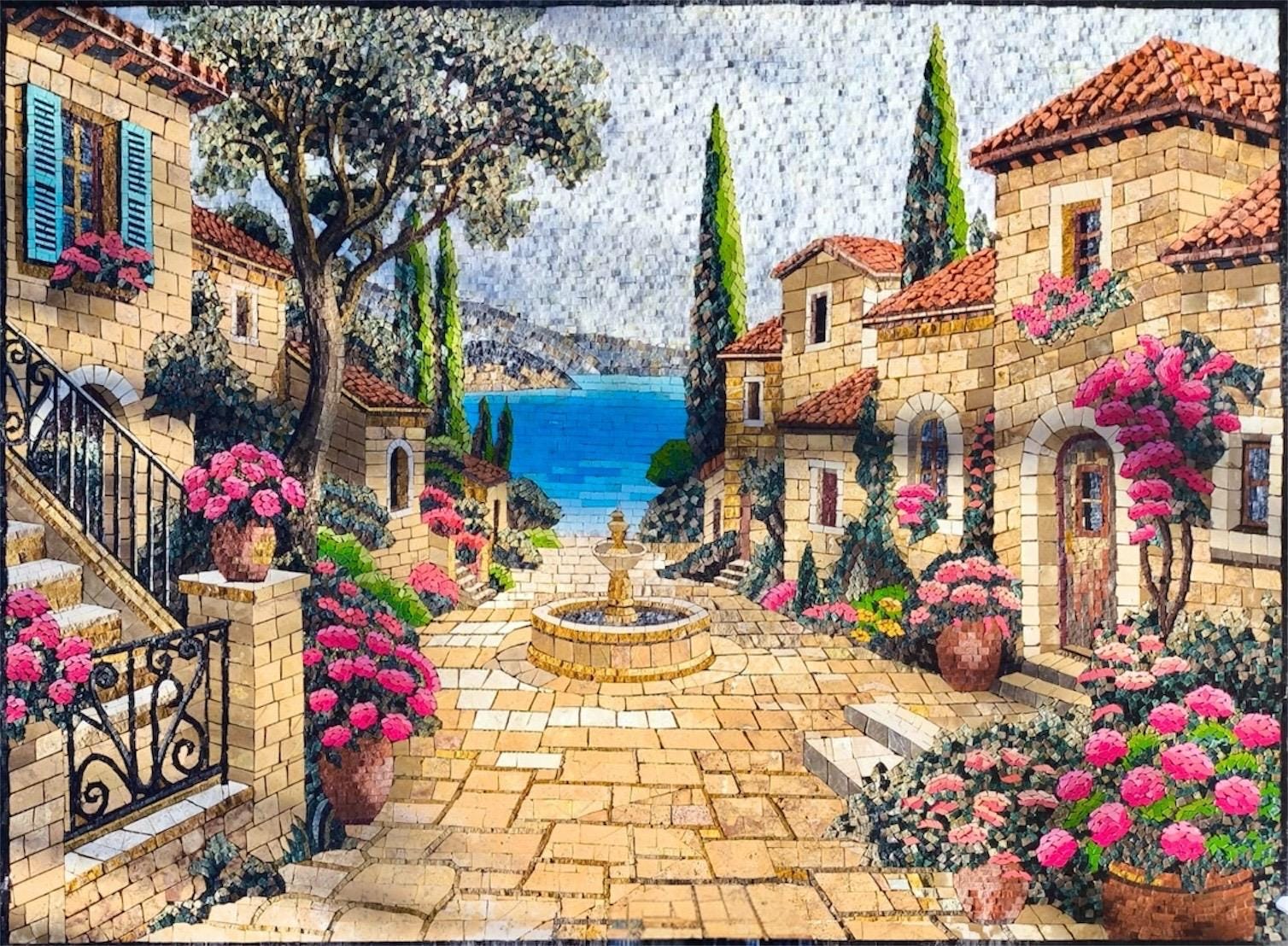 地中海風中庭モザイク壁画 – 高級手作り大理石＆石材アート作品