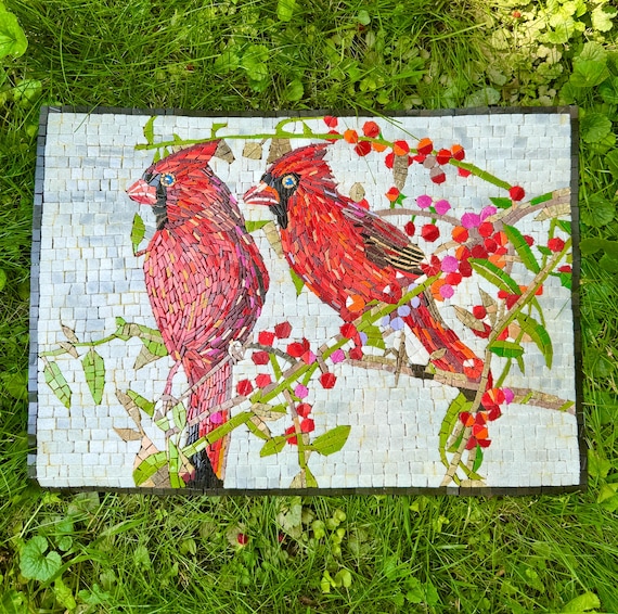 MOSAIC ART - Red Cardinals - Handmade Natural Stone Mural - Mosaic