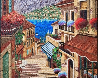 Italian Street & Lake Como Handmade Stone Mosaic Art