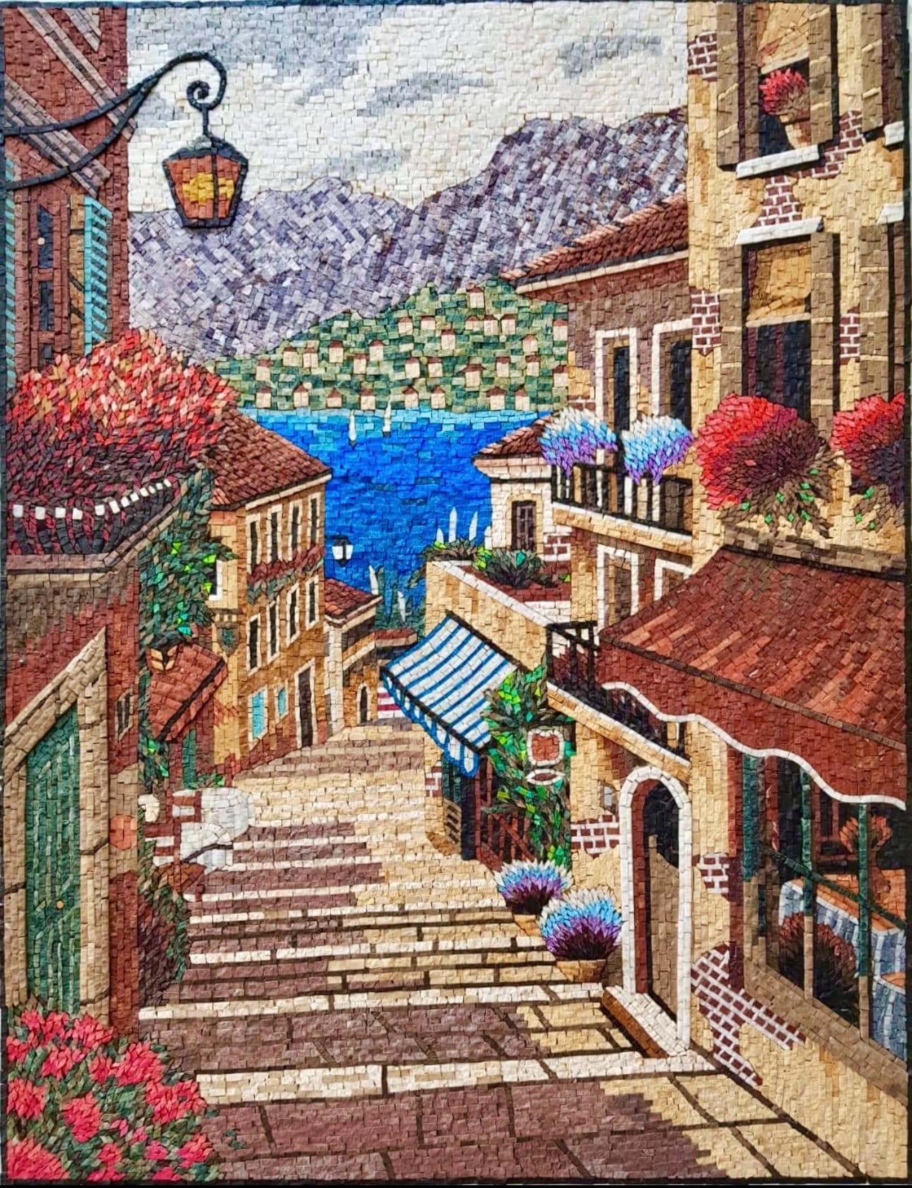 Italian Street & Lake Como Handmade Stone Mosaic Art