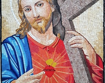 Sacred Heart of Jesus with Cross Mosaic - Religious Handmade Wall Art for Home or Church - Vibrant Colors - Stone and Marble - Custom Sizes
